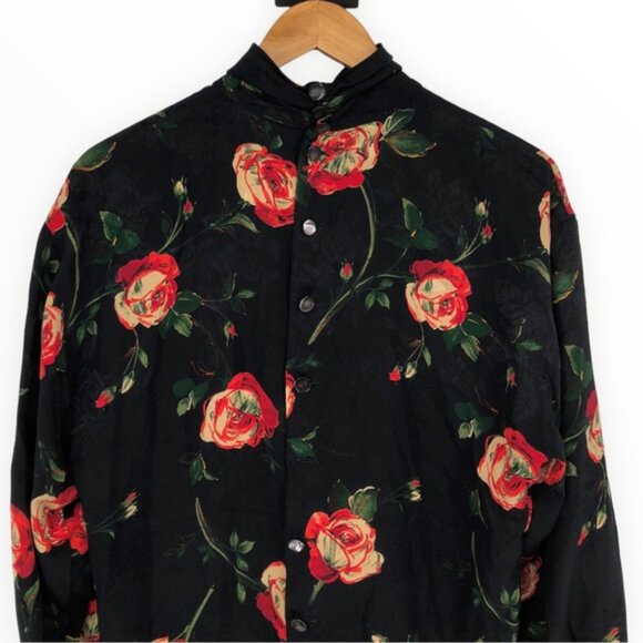 80’s Vintage Ungaro Rose Print Silky Blouse Long Sleeves - Picture 5 of 12